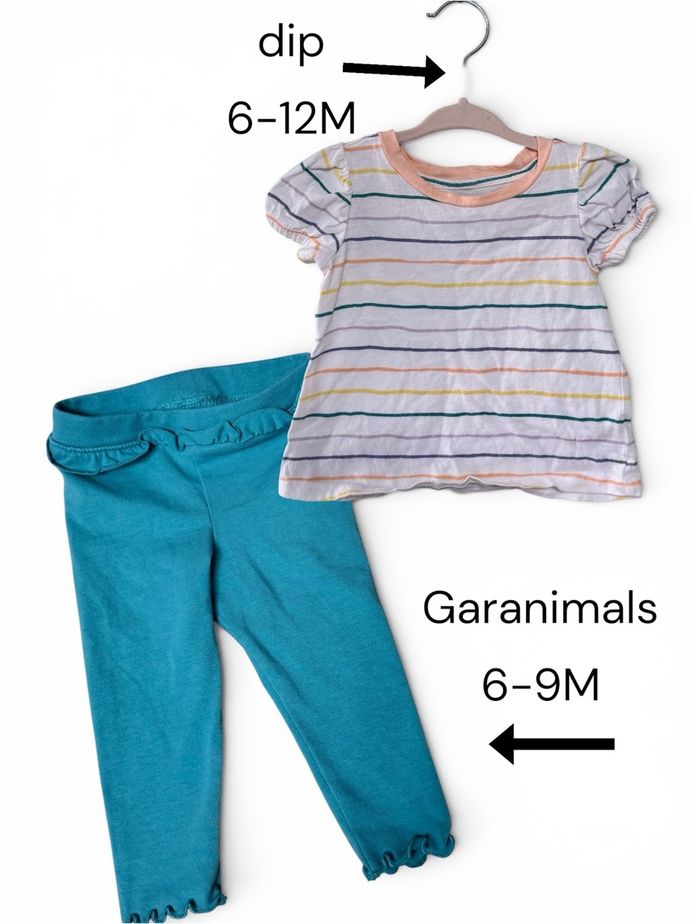 NWOT Baby Girl Rainbow Stripe Puff Sleeve Top Teal Ruffle Legging Set 6-9M